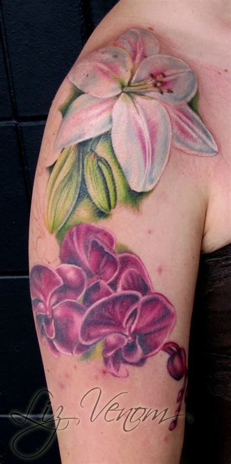 Lily And Orchid Half Sleeve Tattoo By Liz Venom From Bombshell Tattoo