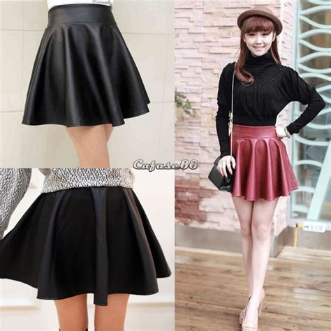 fashion women mini skirt faux leather high waist skater flared pleated dress ebay
