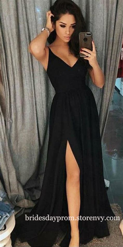 V Neck Simple A Line Backless Long Black Prom Dress Beautiful Evening