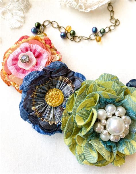 Fabric Flower Necklace Colorful Floral Textile Necklace Etsy