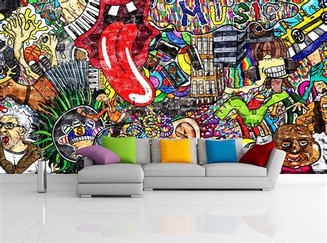 A Couch Sitting In Front Of A Wall Covered In Graffiti
