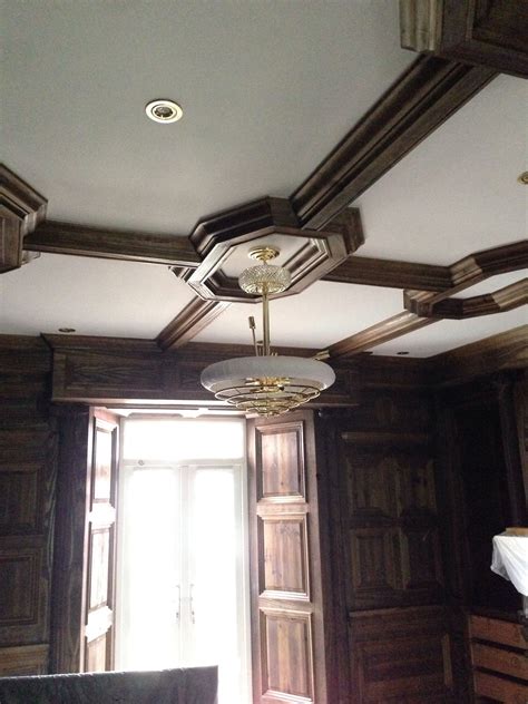 Archways & ceilings made easy prefabricates a variety of fancy ceilings making it easy to achieve that custom. Fancy coffered ceiling with walnut stain | Coffered ...