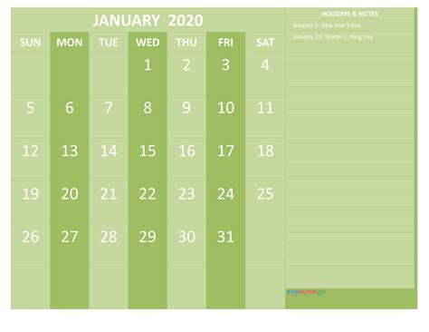 January 2020 Calendar With Holidays Word Pdf