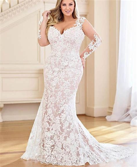 new plus size mermaid wedding dresses with detachable train long sleeve full lace appliqued