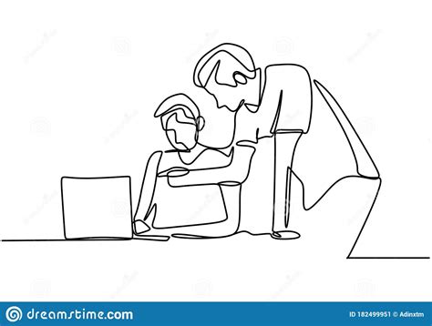 Continuous Line Drawing Of Two Men Discussing Work Task On Laptop