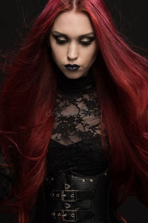 Young Woman With Red Hair In Black Gothic Costume Stock Image Image