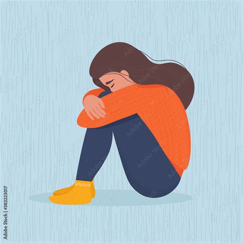 Sad Depressed Woman Sitting Hugging Her Knees Vector Illustration In