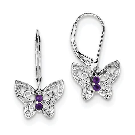 Sterling Silver Rhodium Plated Amethyst Diamond Butterfly Earrings