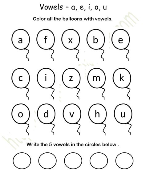 English Preschool Vowel Sound Worksheet 11 Color All The Balloons