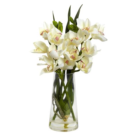 Nearly Natural Cymbidium Orchid With Vase Green White Artificial Flower Arrangements