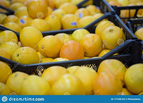 Oranges In Boxes In The Supermarket Healthy Food Vitamins Stock