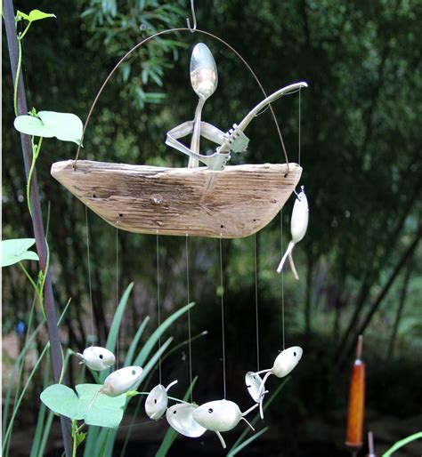 Flatware Fisherman Driftwood Dingy Wind Chime Metal Garden Art