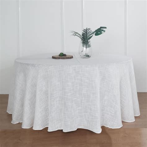 120 White Linen Round Tablecloth Slubby Textured Wrinkle Resistant