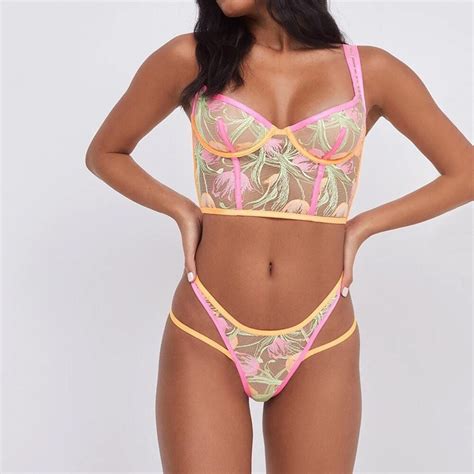 Neon Color Floral Lace Lingerie Set See Through Sexy Etsy