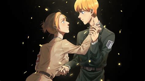 annie leonhart armin arlert in black background hd attack on titan wallpapers hd wallpapers