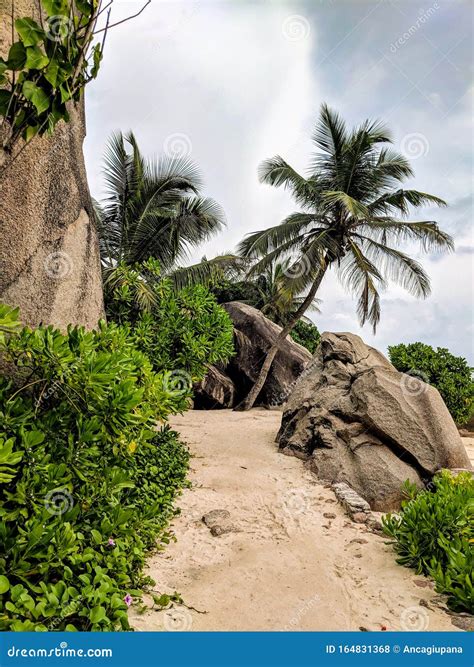 Tropical Beach Anse Source D`argent With Granite Boulders At Sunset La