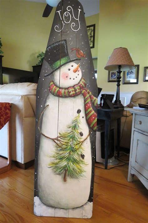 Snowman Painted On A Wooden Ironing Board Christmas Wood Crafts