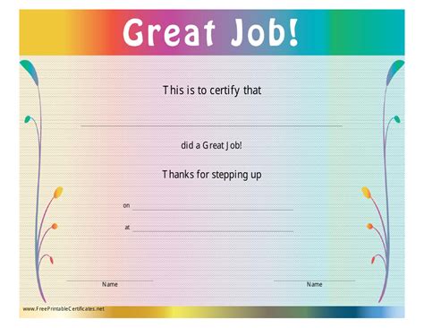 Great Job Certificate Template Varicolored Download Printable Pdf
