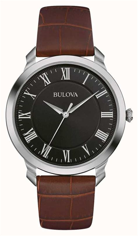 Bulova Mens Black Dial Brown Leather Strap 96a184 First Class Watches