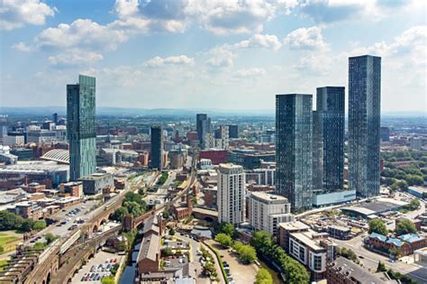 Aerial View Of Deansgate Manchester Skyline England Uk Stock Photo