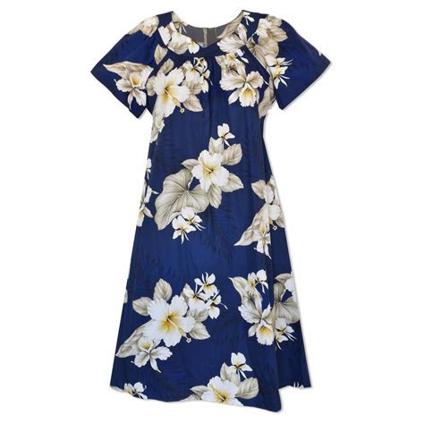 Hibiscus Joy Navy Cotton Hawaiian Tea Muumuu Dress Muumuu Dress
