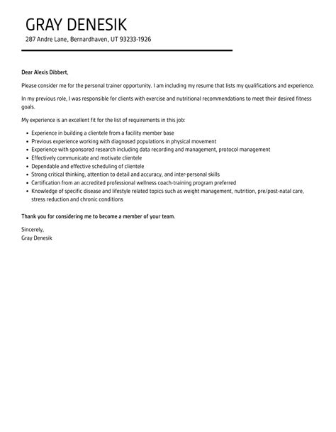 Personal Trainer Cover Letter Velvet Jobs