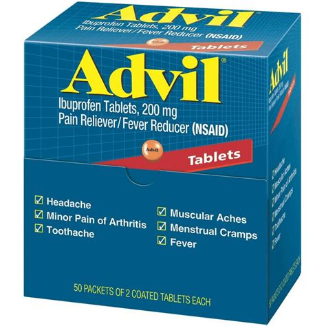 Advil Ibuprofen 200mg 50 Packets Of 2 Coated Tablets