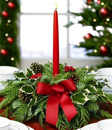 Evergreen Centerpiece With Red Candle Christmas Pinterest