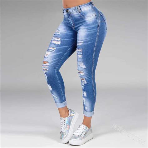 Fuamos 2023 Fashion High Waist Ripped Slim Jeans Women S Skinny European American Cotton Stretch