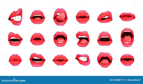 red female lips cartoon woman mouth with different emotions kiss smile tongue out impudent