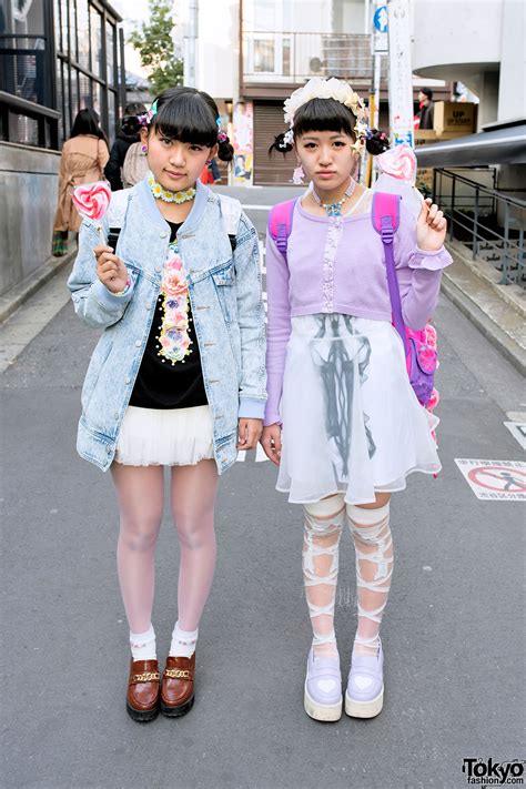 harajuku girls w sheer skirts loafers cute accessories and lollipops tokyo fashion