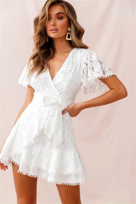 White Lace Ruffle Short Women Mini Dress Spring Summer Bohemian