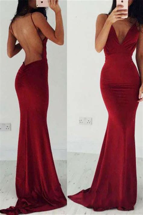 Sexy Backless Dark Red Spaghetti Straps Long Prom Dress Lunss