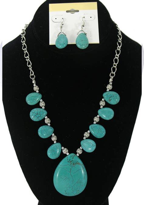 Turquoise Genuine Stones Large Pendant Set Of Necklace Earrings