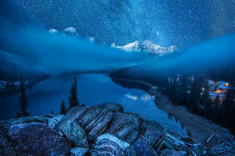 Canada Fog Forest Lake Moraine Lake Night Snow Starry Sky Stars Winter