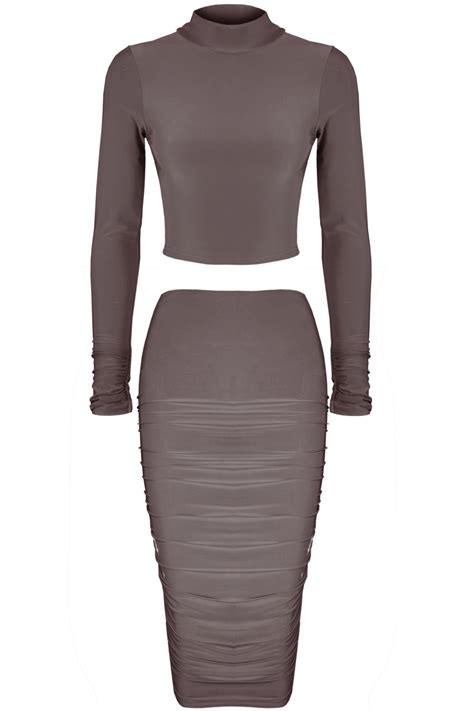 womens long sleeve ladies bodycon crop top pencil midi skirt co ord set 2 piece ebay