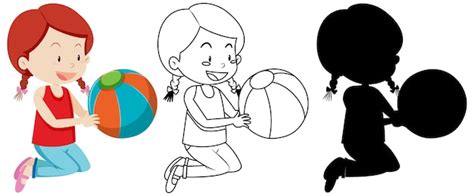 Free Vector Girl Holding Colorful Ball With Its Outline And Silhouette