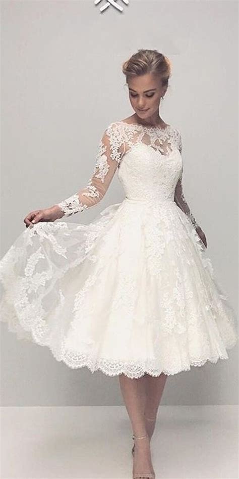 Tea Length Long Sleeve Lace Wedding Dress Informal Modest Short Wedding