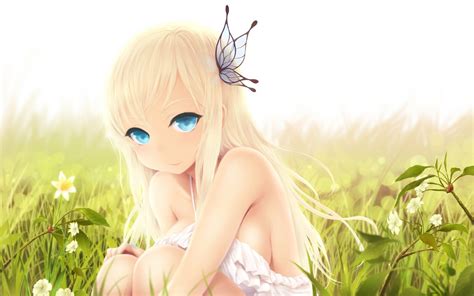wallpaper blonde flowers long hair anime girls blue eyes nature sitting butterfly