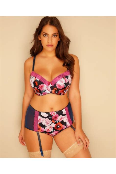 Red And Pink Floral Poppy Rose Print Satin Underwired Moulded Bra Plus Size 38c 46g Yours
