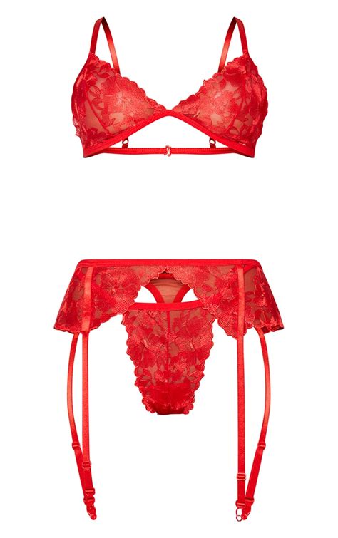 Red Floral Embroidered Lace 3 Piece Lingerie Set Prettylittlething