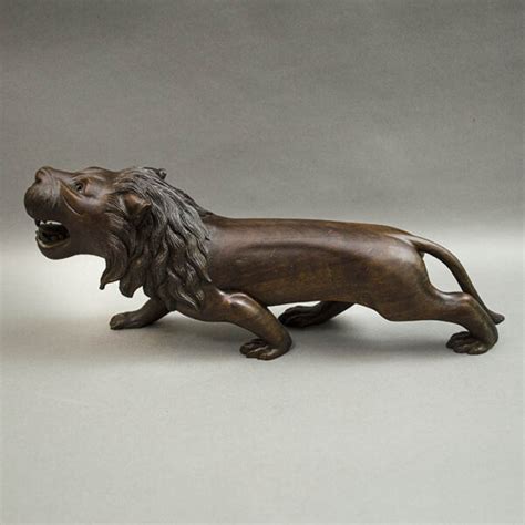Figurine Lion Striding Carved Walnut Antique Early 20th Century