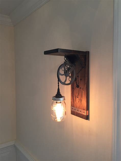 Rustic Steampunk Wall Light Mason Jar Pulley And Edison Bulb With A