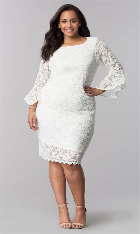White Plus Size Short Lace Party Dress With Sleeves