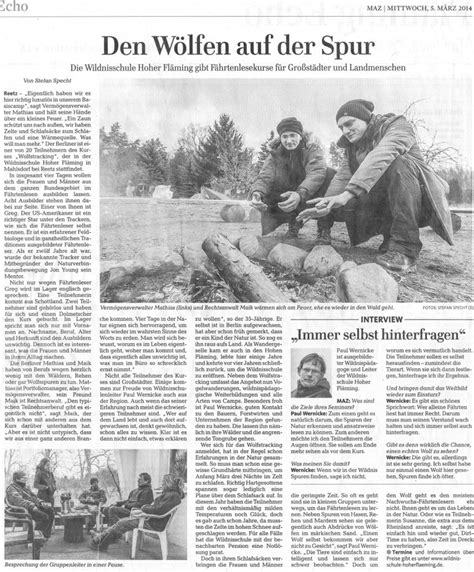 Presse „den Wölfen Auf Der Spur“ Wildnisschule Hoher Fläming