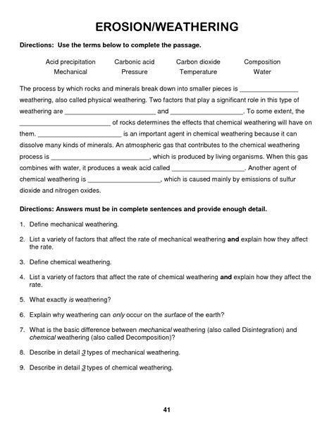 Read the text and answer the questions that follow. weathering and erosion worksheets | Weathering and Erosion ...