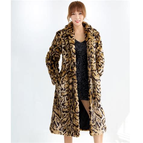 Cheap Women Leopard Faux Fur Coats Winter Warm Thick Hooded Jacket Mid
