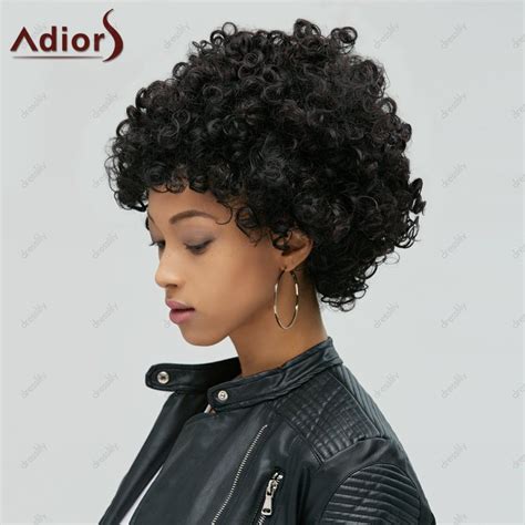 2018 short adiors shaggy full bang afro curly synthetic hair wig black in synthetic wigs online