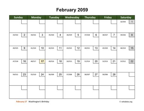 February 2059 Calendar With Day Numbers