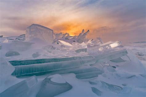 Sunset Over Breaking Ice In Baikal Water Lake Stock Image Image Of